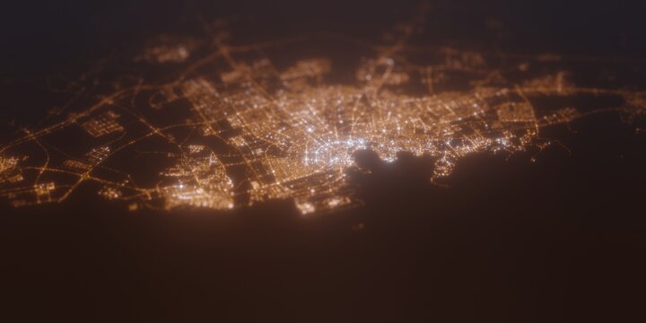 Street lights map of Doha (Qatar) with tilt-shift effect, view from east. Imitation of macro shot with blurred background. 3d render, selective focus