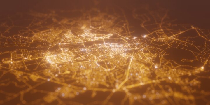 Street lights map of Brest (Belarus) with tilt-shift effect, view from north. Imitation of macro shot with blurred background. 3d render, selective focus