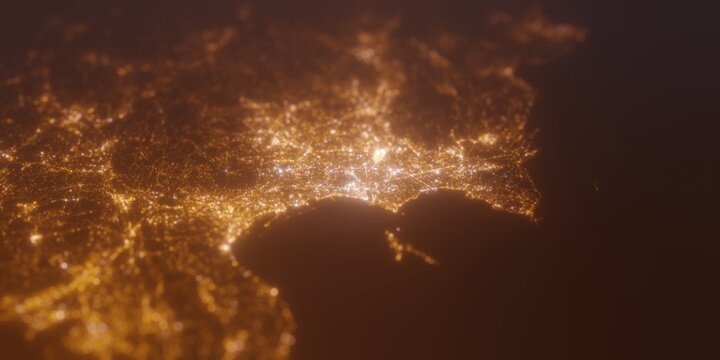 Street lights map of Marseille (France) with tilt-shift effect, view from west. Imitation of macro shot with blurred background. 3d render, selective focus