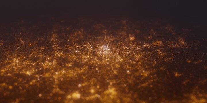 Street lights map of Dortmund (Germany) with tilt-shift effect, view from south. Imitation of macro shot with blurred background. 3d render, selective focus