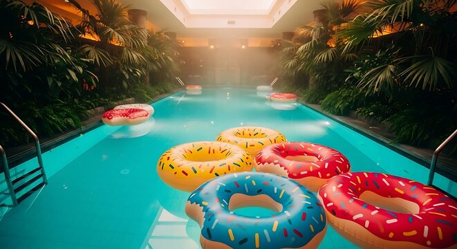 Vibrant inflatable donuts float in a sunlit swimming pool surrounded by lush tropical plants.