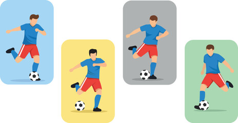 Fototapeta premium Soccer Player Action Set Vector Illustration, Football Dribbling and Kicking Poses, Flat Sport Character Icons on Color Background Cards