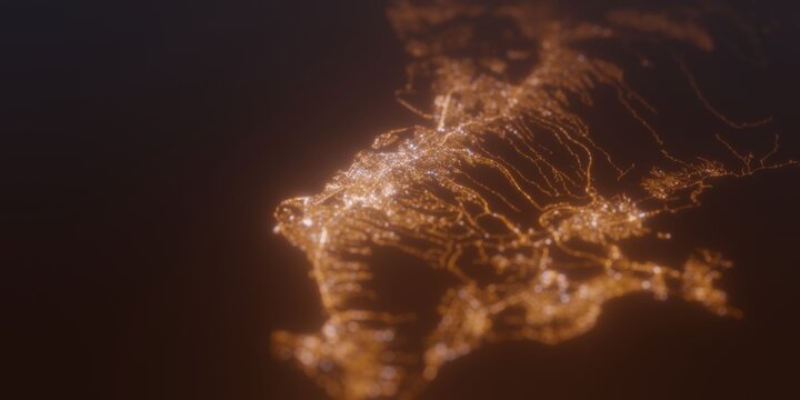 Street lights map of Honolulu (Hawaii, USA) with tilt-shift effect, view from east. Imitation of macro shot with blurred background. 3d render, selective focus