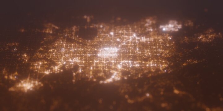 Street lights map of Denver (Colorado, USA) with tilt-shift effect, view from west. Imitation of macro shot with blurred background. 3d render, selective focus