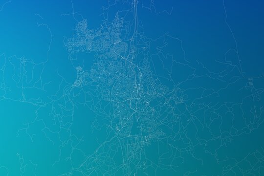 Map of the streets of Windhoek (Namibia) made with white lines on greenish blue gradient background. 3d render, illustration