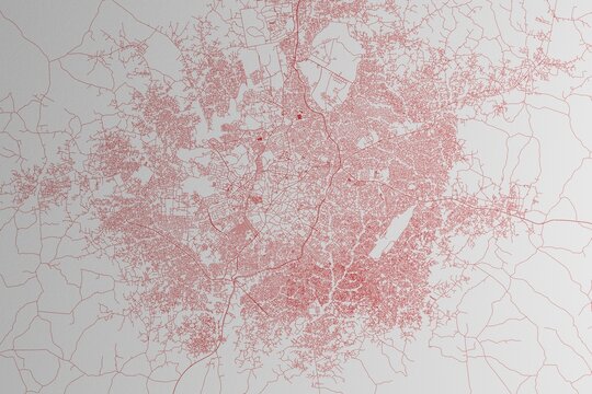 Map of the streets of Ibadan (Nigeria) made with red lines on white paper. 3d render, illustration