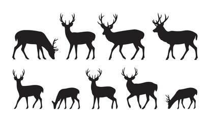 Fototapeta premium Eight deer silhouettes in various poses, including grazing and standing, on white background vector.
