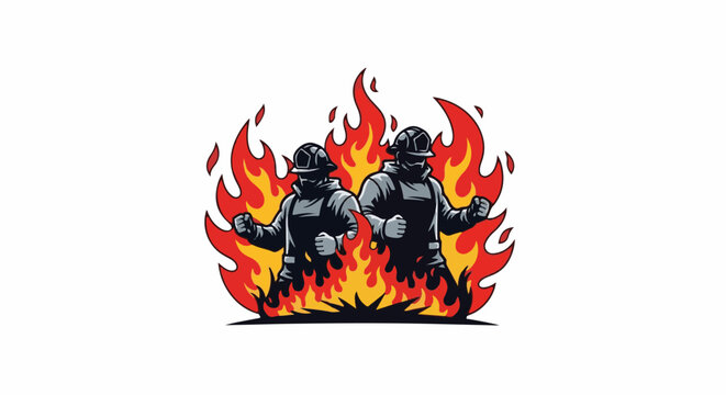 Two firefighters in protective gear stand defiantly amidst roaring flames, fists clenched
