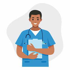 Fototapeta premium A smiling dark-skinned doctor in blue scrubs holds a clipboard in a medical setting.