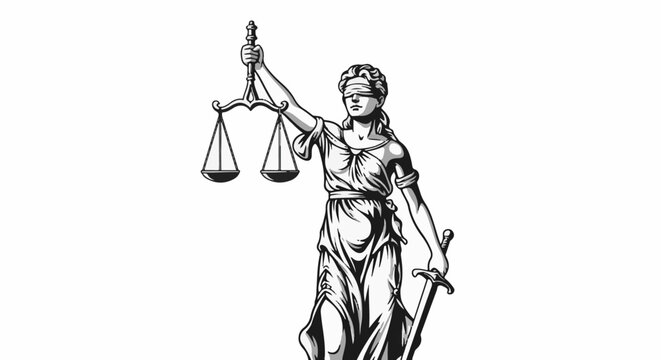 Themis, goddess of divine law and order, holding scales of justice and a sword