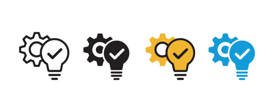 Innovation strategy solution validation icon set, light bulb checkmark gear symbols for creative thinking technical execution vector illustration
