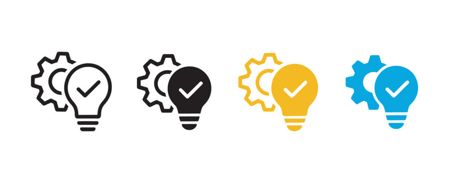 Innovation strategy solution validation icon set, light bulb checkmark gear symbols for creative thinking technical execution vector illustration