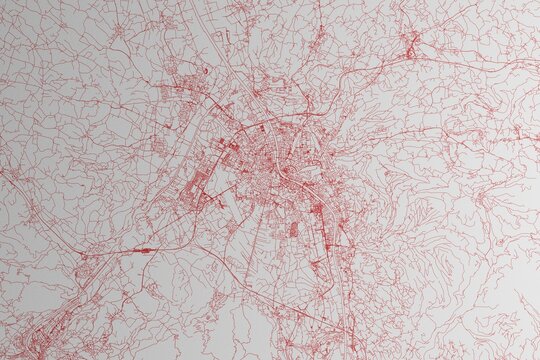 Map of the streets of Salzburg (Austria) made with red lines on white paper. 3d render, illustration