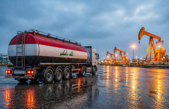 Oil tanker truck with Iraq flag in Middle East refinery Iraq
