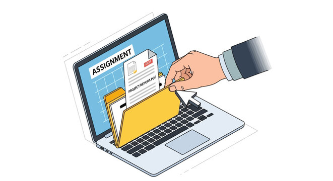 Vector Illustration of Hand Organizing Digital Project Assignment Files and PDF Documents on Laptop