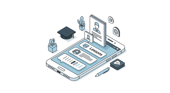 E-Learning and Online Education Mobile App Concept: Isometric Illustration of Smartphone with Lessons, Graduation Cap, and Digital Learning Tools