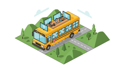 Fototapeta premium Isometric School Bus Transformed into a Mobile Digital Classroom with Wi-Fi and Technology for Modern Education and Remote Learning