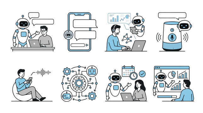 Flat vector illustrations of human-robot interaction in office and technical environments