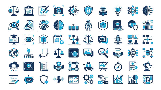 Artificial Intelligence and Machine Learning Icon Set for Technology and Law
