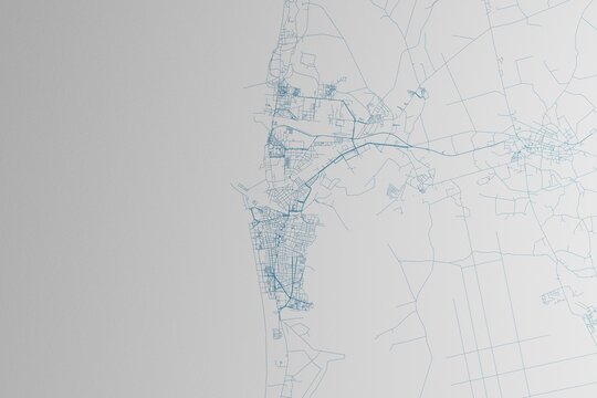 Map of the streets of Liepaja (Latvia) made with blue lines on white paper. 3d render, illustration