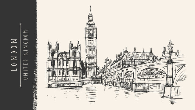 London sketch postcard. Big Ben, parliament, Westminster tower, Thames bridge. British architecture, vintage hand drawn vector illustration, clock landmark, gothic victorian style, cityscape bG