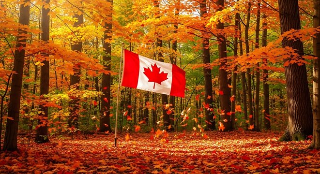 Canadian flag in autumn forest.