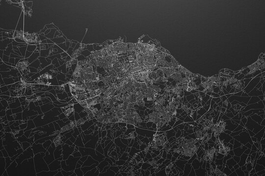 Street map of Edinburgh (UK) on black paper with light coming from top