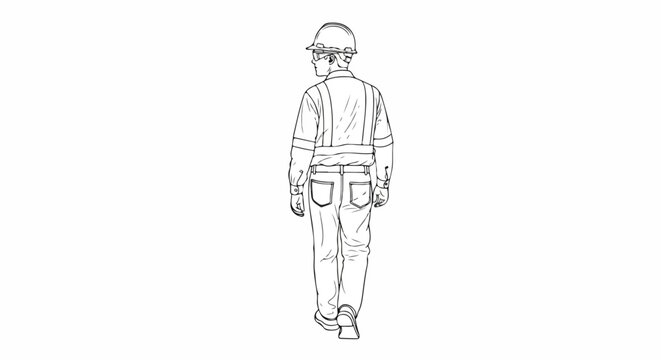 Back view of a construction worker wearing a hard hat and safety vest, walking away from the camera, isolated on white.