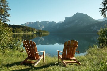 Fototapeta premium Chairs Sit by a Calm Lake Surrounded by Mountains on a Clear Sunny Day in the Afternoon