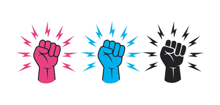 Fist knocking impact symbol set, hand knock gesture outline icons in red blue black for alert notification action door knock vector illustration