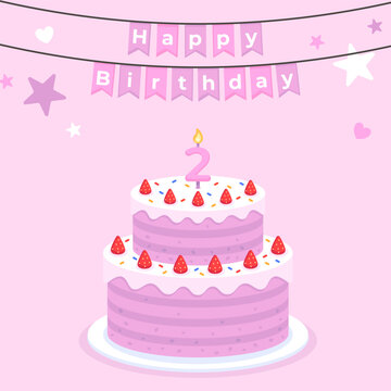 Girl birthday banner cake with candles shaped like the number 2