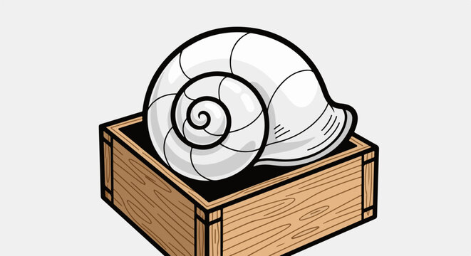 Stylized white snail shell resting in a wooden box