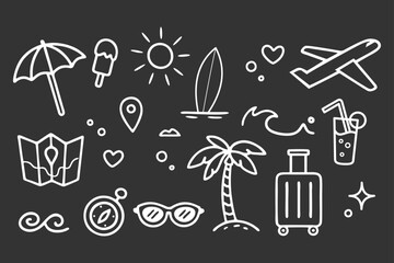 Collection of hand-drawn vacation and travel doodles on a dark background, perfect for summer themes © DzgnVibe