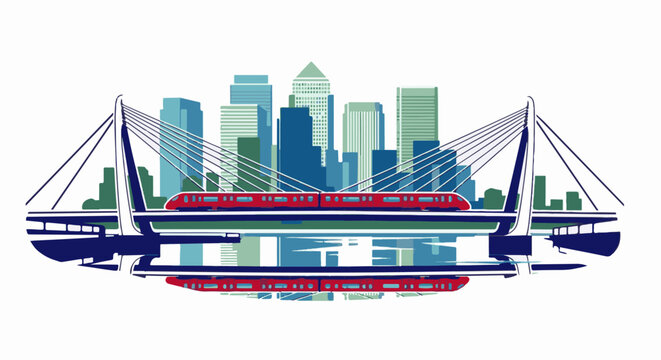 Stylized red train crosses a cable-stayed bridge over water, with a city skyline reflected below