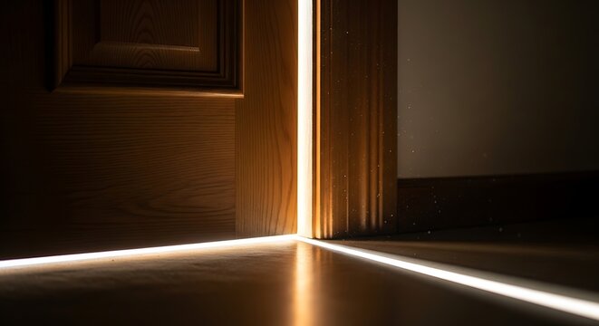 Bright light shining through a slightly open door into a dark room, concept of mystery, hope and new opportunities.