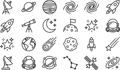 Space Astronomy Icon Set with Outline Style Symbols of Rocket, Planets, Telescope, Satellite, Galaxy, Stars, Astronaut, and Cosmic Exploration Elements © REYAD