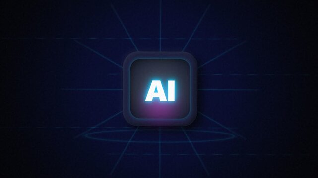Neon AI logo shines brightly on a dark futuristic background with glowing lines