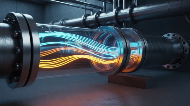 Conceptual visualization of thermal energy transfer through industrial piping system