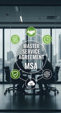 Business meeting silhouette with holographic circle of representing master service agreement (msa) terms
