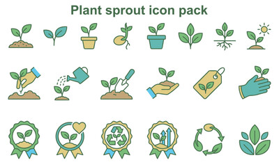 Obraz premium Plant sprout icon pack showing growth and care, seedling, cultivation, watering.