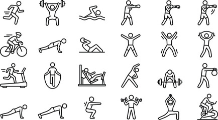 Fitness Training Icon Set with Outline Style Symbols of Running, Boxing, Swimming, Weightlifting, Yoga, Cardio Machines, and Full Body Exercise Activities © REYAD