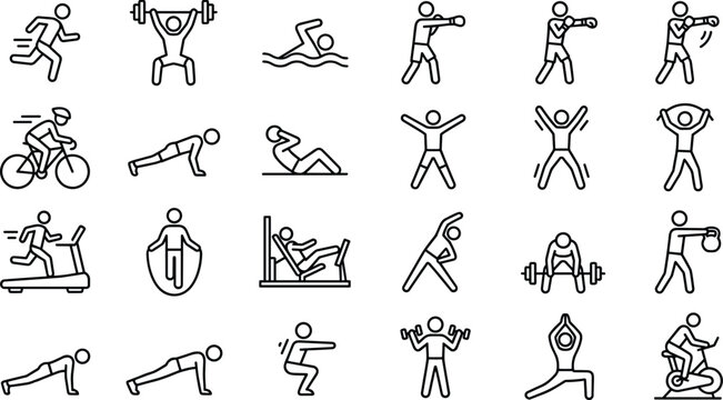 Fitness Training Icon Set with Outline Style Symbols of Running, Boxing, Swimming, Weightlifting, Yoga, Cardio Machines, and Full Body Exercise Activities