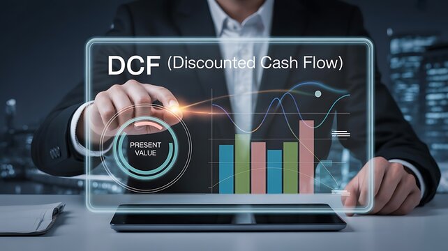 A businessman analyzes a futuristic holographic financial graph with DCF on a desk
