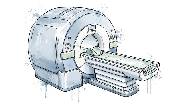 A medical CT scanner machine is positioned in a hospital for patient scanning procedures.