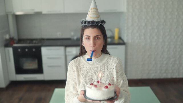 Medium Shot One Bored Woman Blowing Party Horn Looking At Camera