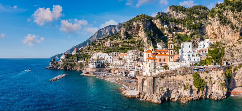 Aerial view of Atrani famous coastal village located on Amalfi Coast, Italy. Small town Atrani on Amalfi Coast in province of Salerno, Campania region, Italy. Atrani town on Amalfi coast, Italy.