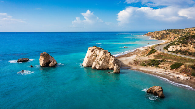 Petra tou Romiou (Aphrodite's Rock) the birthplace of Aphrodite, Paphos, Cyprus. Aerial view of Petra tou Romiou, aka Aphrodite's rock a famous tourist travel destination landmark in Paphos, Cyprus.