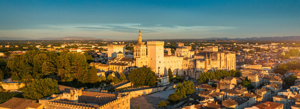 View of Avignon with Palais des Papes during sunset in Southern France. Medieval architecture along the Rhone River in Avignon, Provence, France. The Palais des Papes in Avignon, South France.
