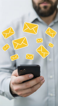 Man holding smartphone with yellow email floating above, symbolizing digital communication and notifications