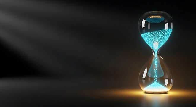 Hourglass with glowing blue sand flowing down representing time passing and urgency.